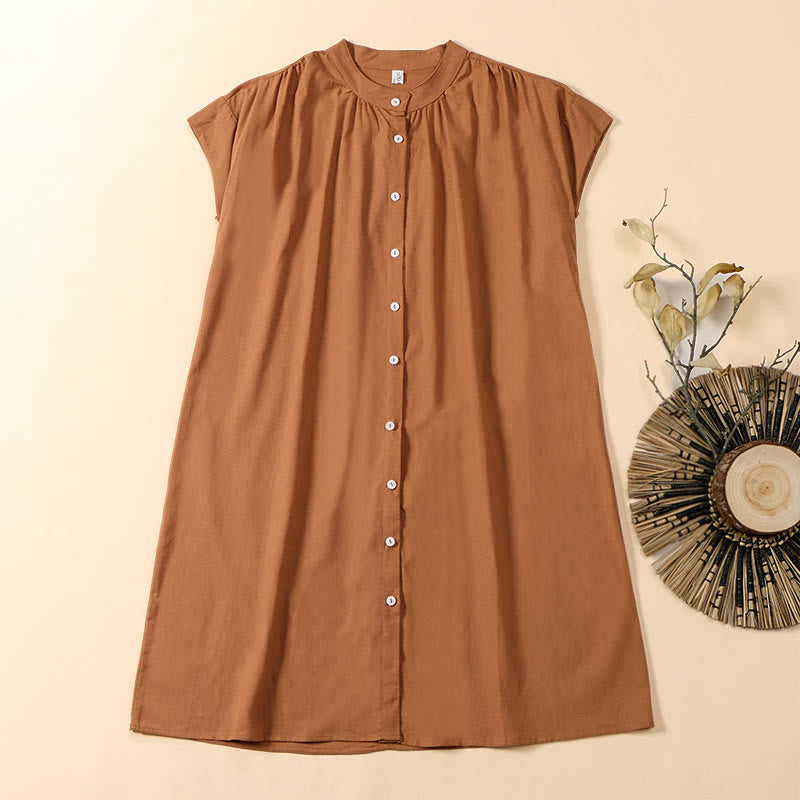 Buddha Stones 夏用無地スタンドカラーAラインデザイン半袖ミディワンピース - サンディブラウン - US12、 UK/AU16、 EU44 (2XL) - image 0