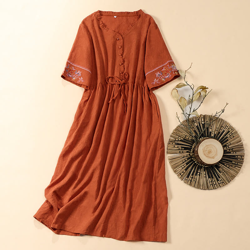 Buddha Stones 夏 Vネック 花柄刺繍デザイン 半袖 コットン ミディワンピース ポケット付き - トマト - US8-10，UK/AU12-14，EU40-42 (2XL) - image 0