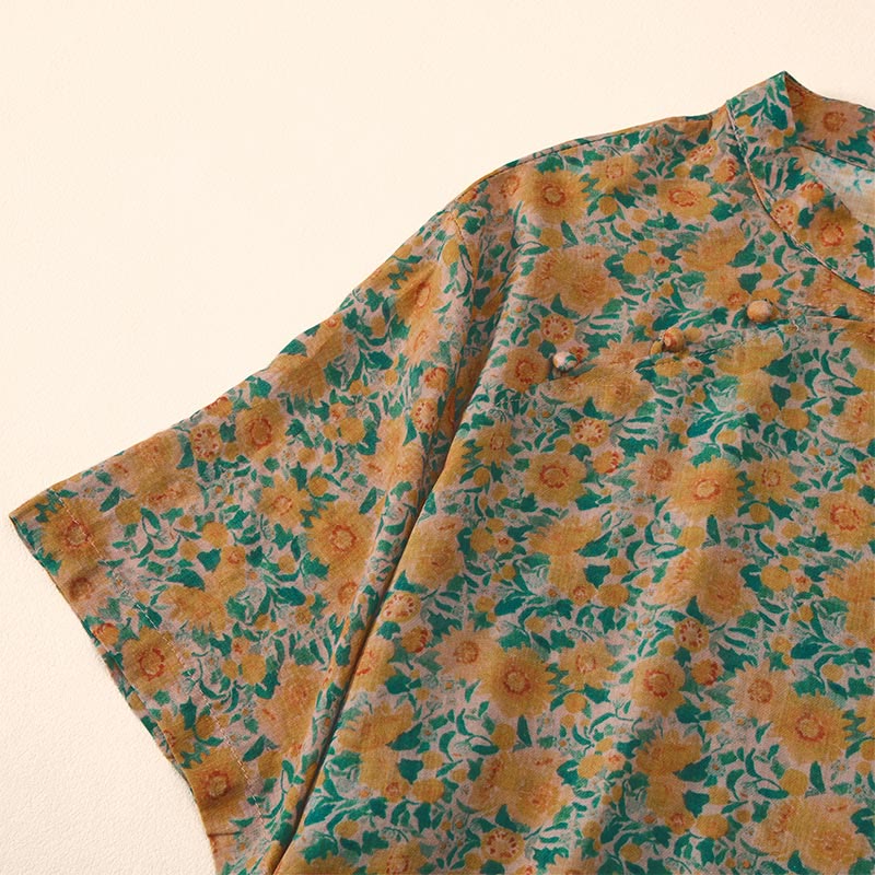 Buddha Stones 夏用カエルボタンスタンドカラー半袖花柄レディースコットンシャツ - image 1