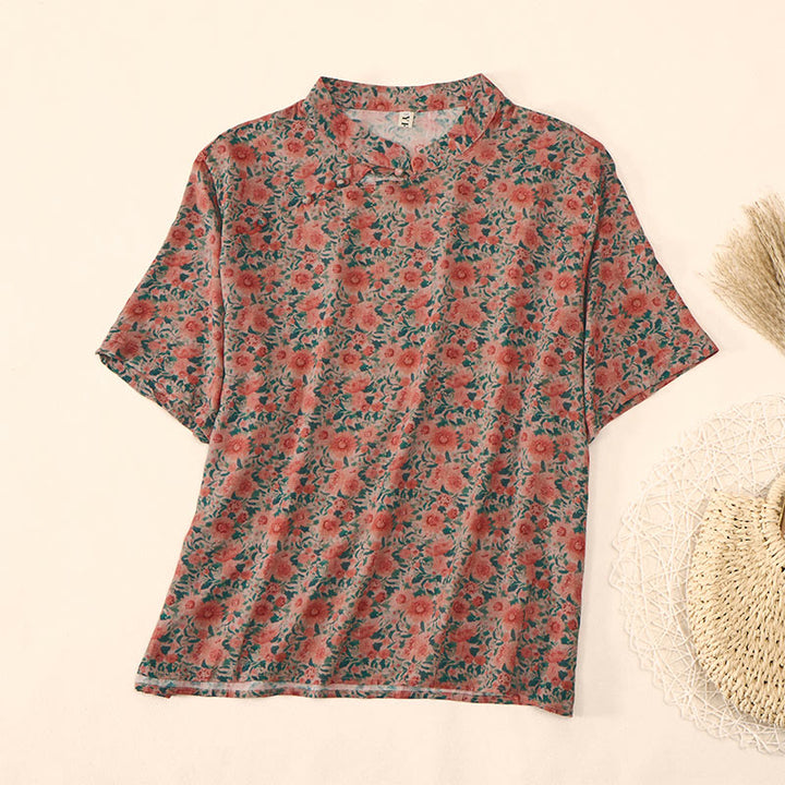 Buddha Stones 夏用カエルボタンスタンドカラー半袖花柄レディースコットンシャツ - トマト - US12、 UK/AU16、 EU44 (2XL) - image 6