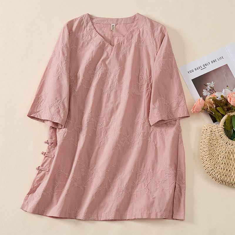 Buddha Stones 春のVネック長袖リーフ柄レディースコットンシャツ - ピンク - US8-10，UK/AU12-14，EU40-42 (2XL) - image 0