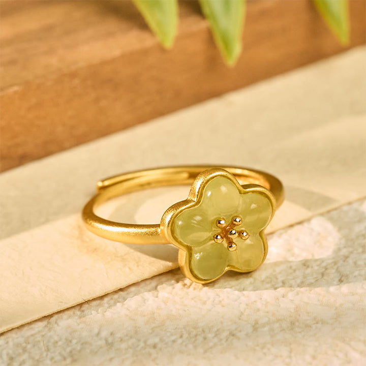 Buddha Stones 梅の花模様の和田翡翠銅製幸運リング - image 1