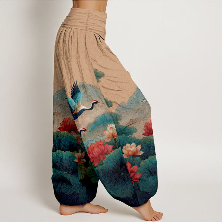 Buddha Stones コットンクラシック蓮の花と葉、鶴、山の模様レディース伸縮性ウエストハーレムパンツ - image 10