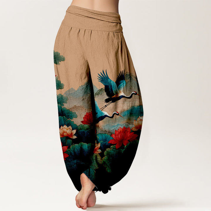 Buddha Stones コットンクラシック蓮の花と葉、鶴、山の模様レディース伸縮性ウエストハーレムパンツ - image 9