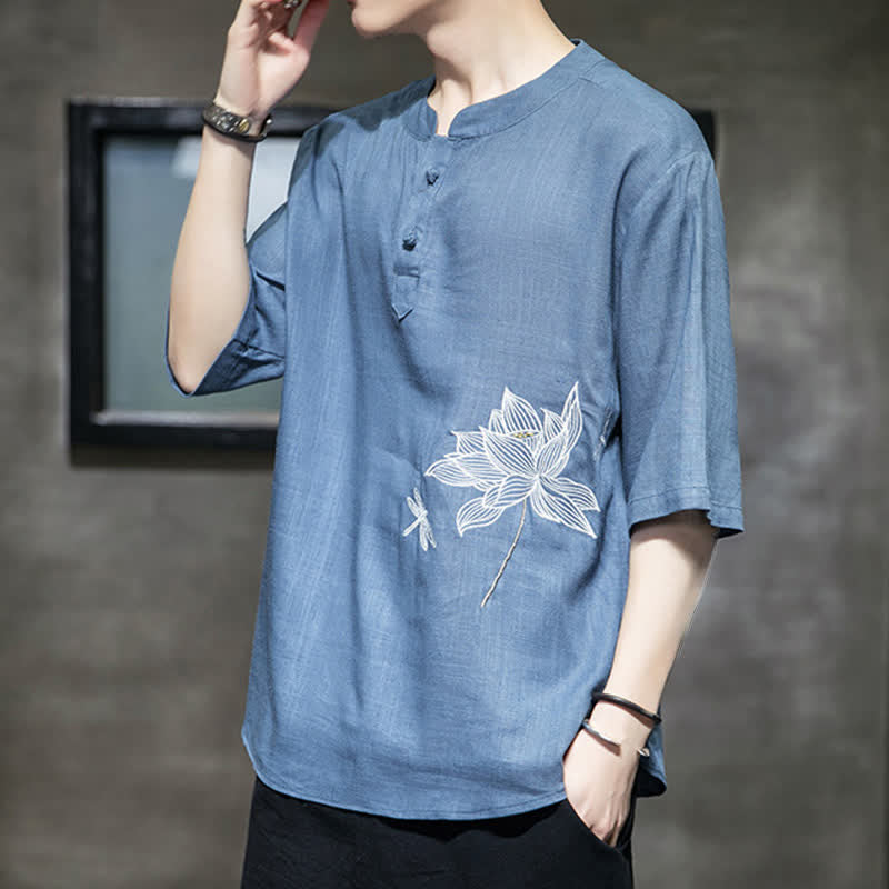 Buddha Stones 夏用刺繍蓮とトンボ柄中国風カエルボタンメンズ半袖Tシャツ - image 19