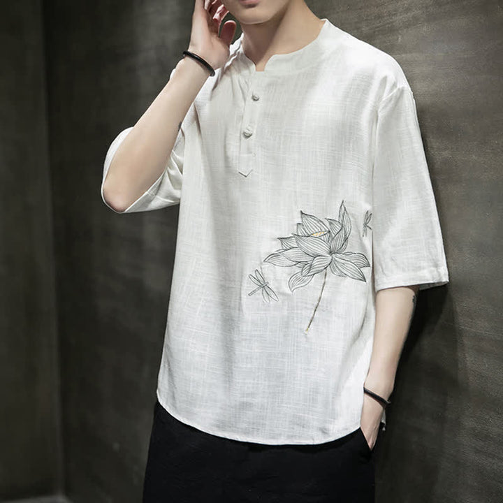 Buddha Stones 夏用刺繍蓮とトンボ柄中国風カエルボタンメンズ半袖Tシャツ - image 16