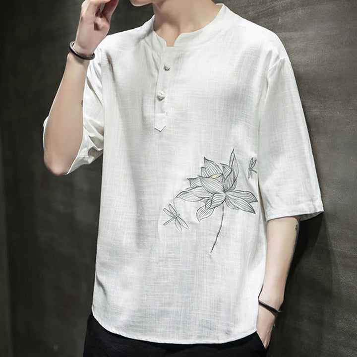 Buddha Stones 夏用刺繍蓮とトンボ柄中国風カエルボタンメンズ半袖Tシャツ - image 14