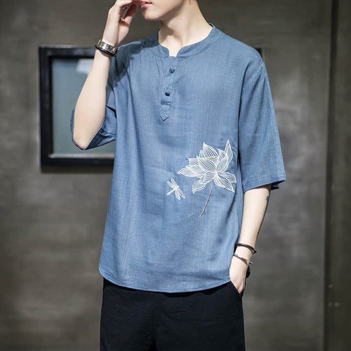Buddha Stones 夏用刺繍蓮とトンボ柄中国風カエルボタンメンズ半袖Tシャツ - image 20