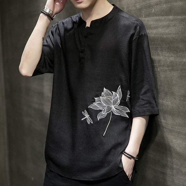 Buddha Stones 夏用刺繍蓮とトンボ柄中国風カエルボタンメンズ半袖Tシャツ - image 4
