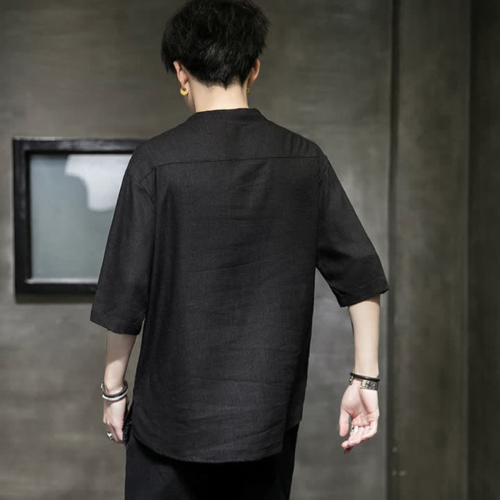 Buddha Stones 夏用刺繍蓮とトンボ柄中国風カエルボタンメンズ半袖Tシャツ - image 2