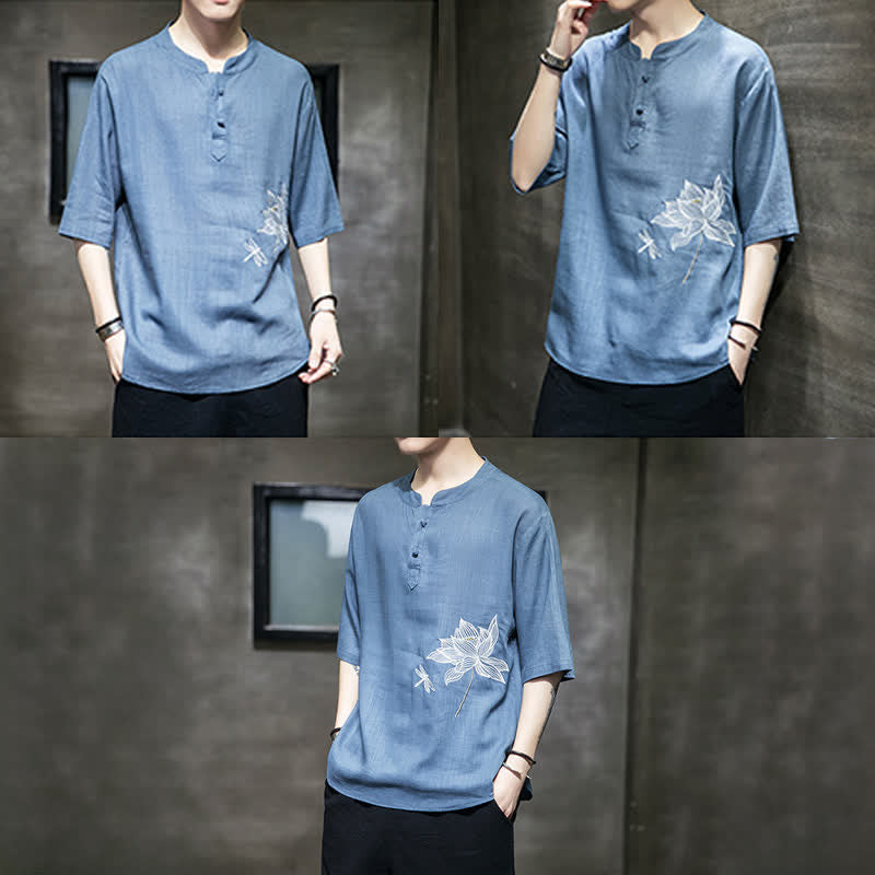 Buddha Stones 夏用刺繍蓮とトンボ柄中国風カエルボタンメンズ半袖Tシャツ - image 25