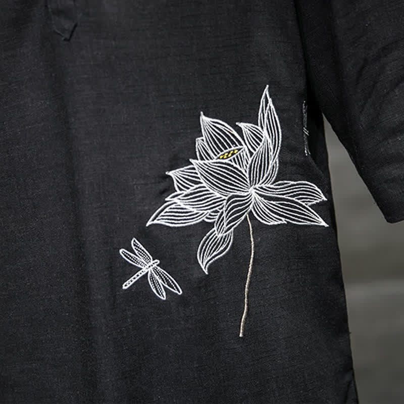 Buddha Stones 夏用刺繍蓮とトンボ柄中国風カエルボタンメンズ半袖Tシャツ - image 8