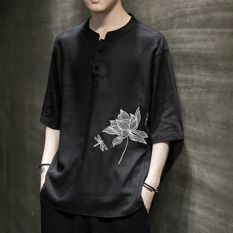 Buddha Stones 夏用刺繍蓮とトンボ柄中国風カエルボタンメンズ半袖Tシャツ - image 5