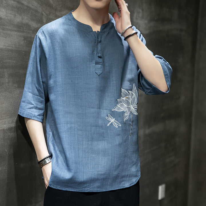 Buddha Stones 夏用刺繍蓮とトンボ柄中国風カエルボタンメンズ半袖Tシャツ - image 24