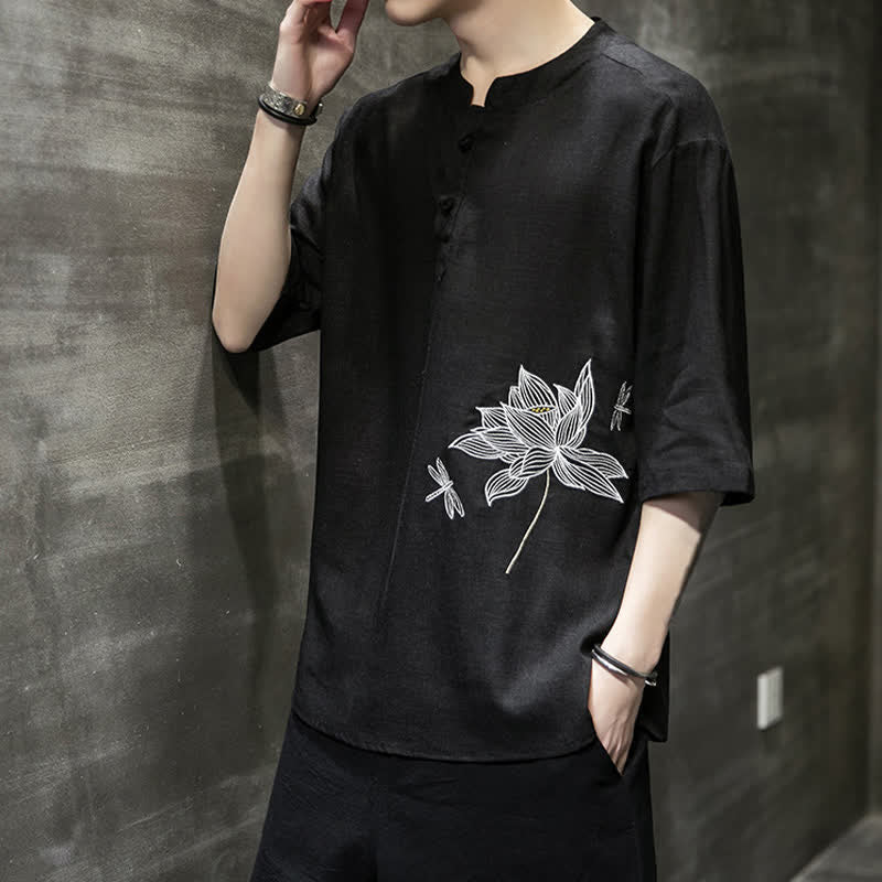 Buddha Stones 夏用刺繍蓮とトンボ柄中国風カエルボタンメンズ半袖Tシャツ - image 3