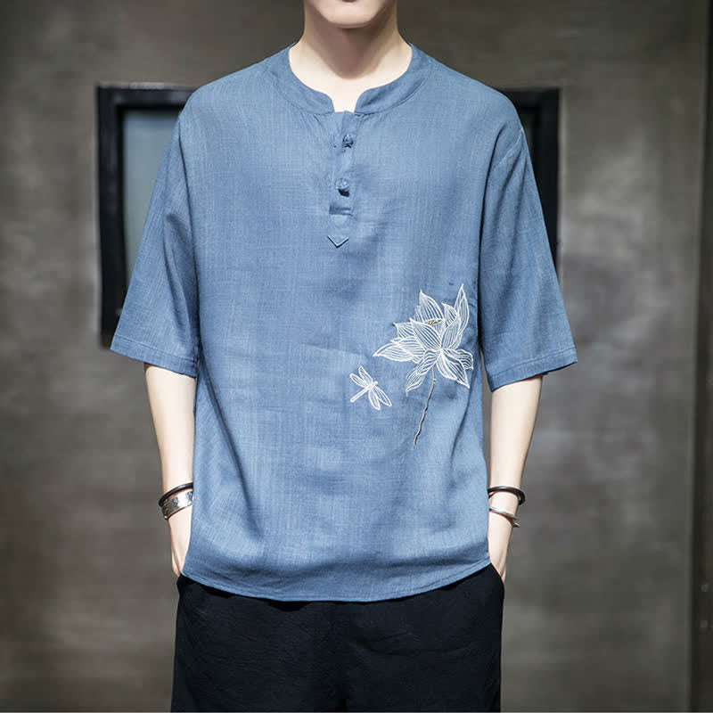 Buddha Stones 夏用刺繍蓮とトンボ柄中国風カエルボタンメンズ半袖Tシャツ - image 21