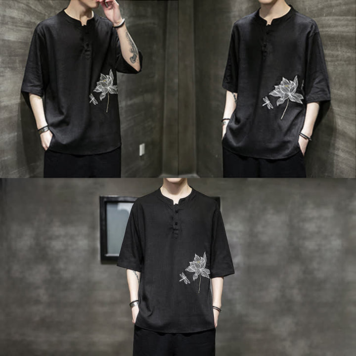 Buddha Stones 夏用刺繍蓮とトンボ柄中国風カエルボタンメンズ半袖Tシャツ - image 9