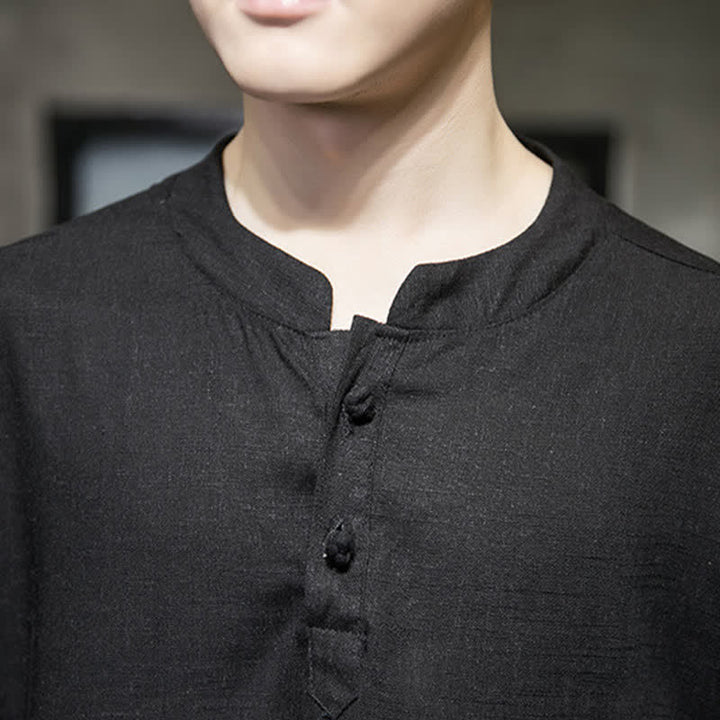 Buddha Stones 夏用刺繍蓮とトンボ柄中国風カエルボタンメンズ半袖Tシャツ - image 6