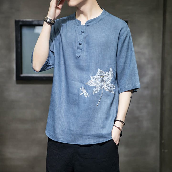Buddha Stones 夏用刺繍蓮とトンボ柄中国風カエルボタンメンズ半袖Tシャツ - コーンフラワーブルー - US/UK/AU46、 EU56 (5XL) - image 18