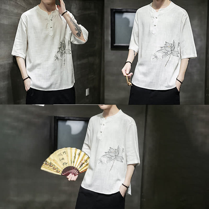 Buddha Stones 夏用刺繍蓮とトンボ柄中国風カエルボタンメンズ半袖Tシャツ - image 17