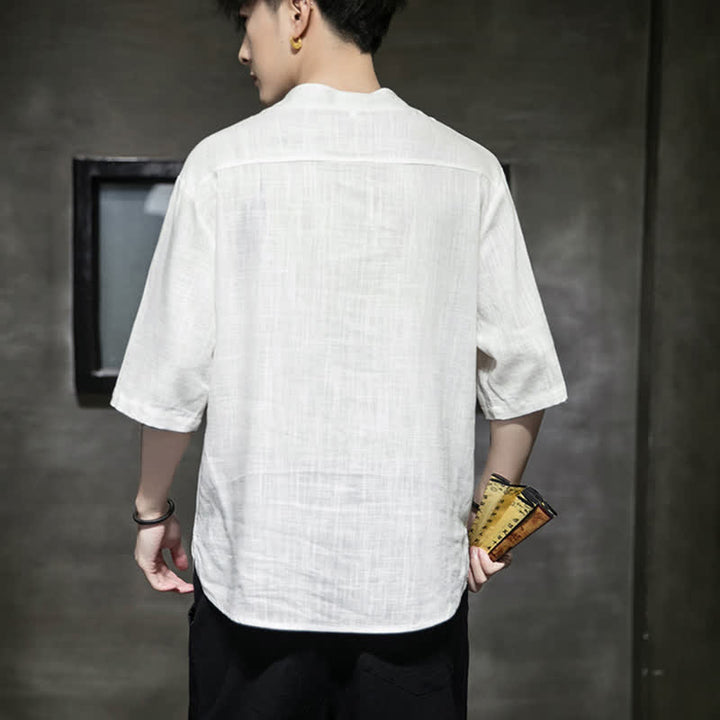 Buddha Stones 夏用刺繍蓮とトンボ柄中国風カエルボタンメンズ半袖Tシャツ - image 13