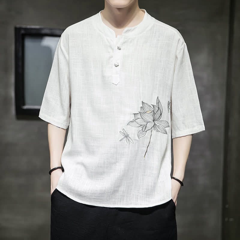 Buddha Stones 夏用刺繍蓮とトンボ柄中国風カエルボタンメンズ半袖Tシャツ - image 12