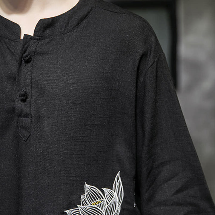 Buddha Stones 夏用刺繍蓮とトンボ柄中国風カエルボタンメンズ半袖Tシャツ - image 7