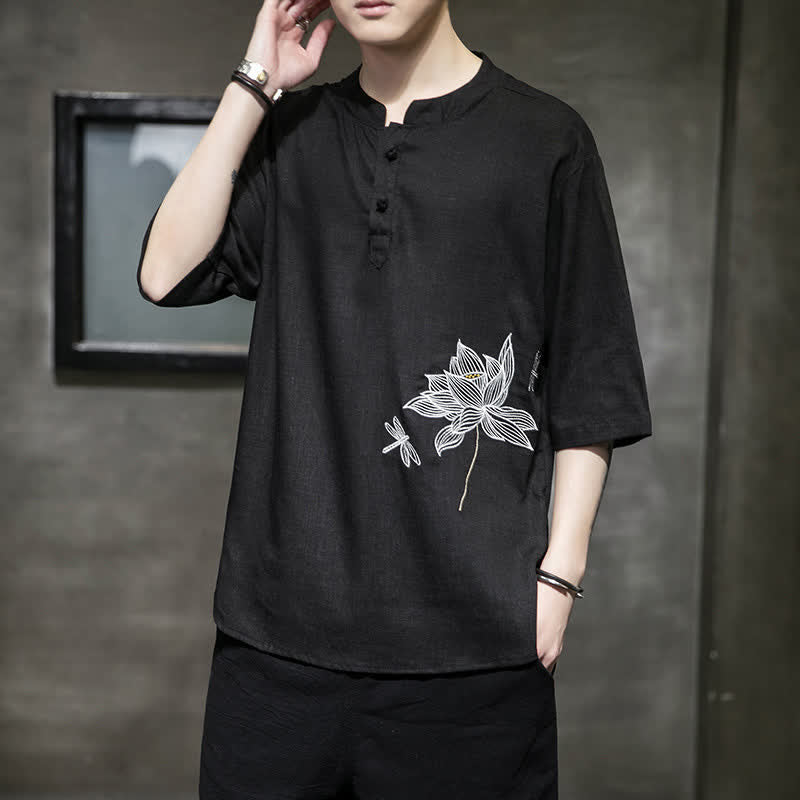 Buddha Stones 夏用刺繍蓮とトンボ柄中国風カエルボタンメンズ半袖Tシャツ - image 1