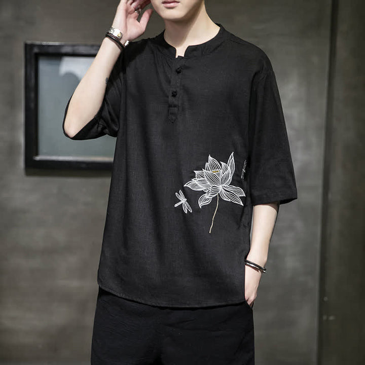 Buddha Stones 夏用刺繍蓮とトンボ柄中国風カエルボタンメンズ半袖Tシャツ - image 1