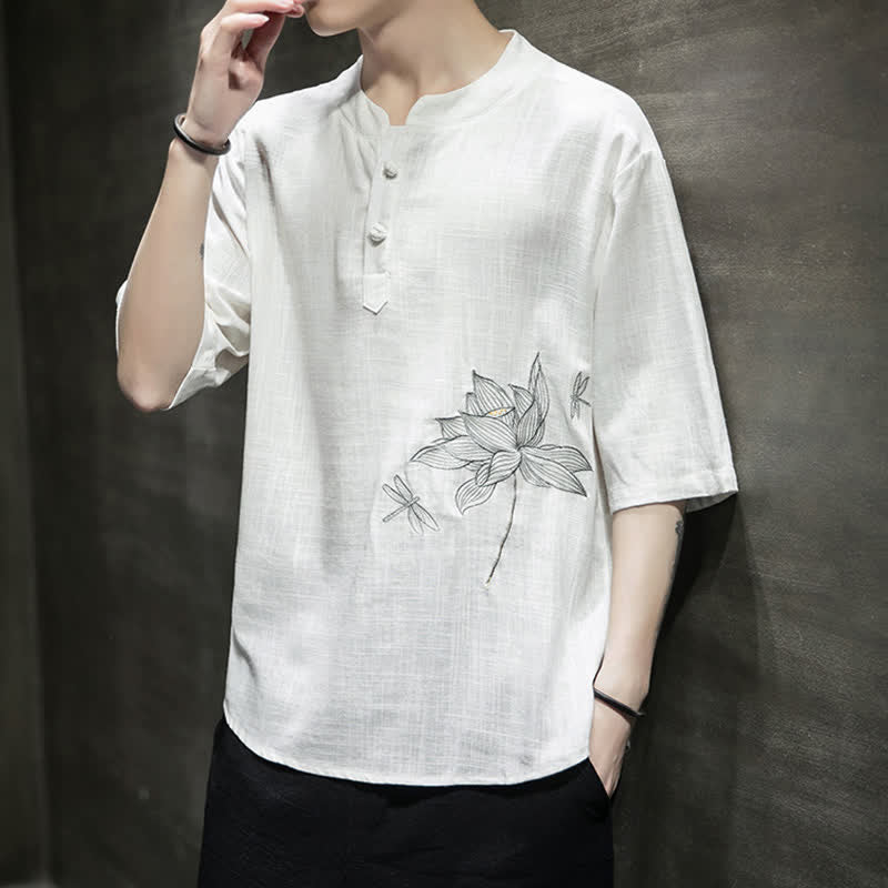 Buddha Stones 夏用刺繍蓮とトンボ柄中国風カエルボタンメンズ半袖Tシャツ - image 15