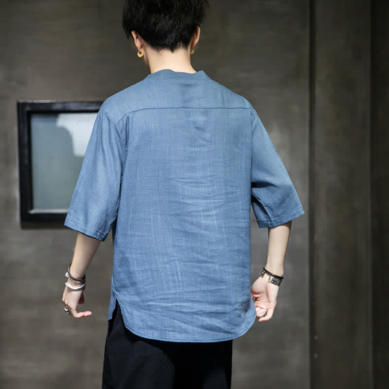 Buddha Stones 夏用刺繍蓮とトンボ柄中国風カエルボタンメンズ半袖Tシャツ - image 22