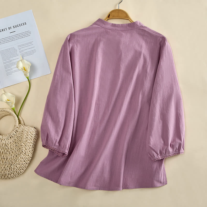 Buddha Stones 無地クルーネックフロッグボタン長袖レディースコットンシャツ - image 9