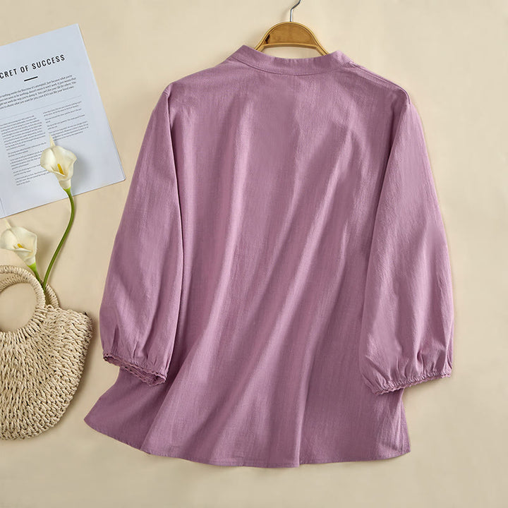 Buddha Stones 無地クルーネックフロッグボタン長袖レディースコットンシャツ - image 9