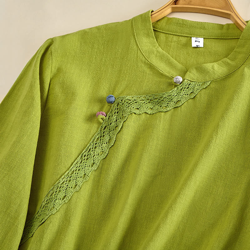 Buddha Stones 無地クルーネックフロッグボタン長袖レディースコットンシャツ - image 3