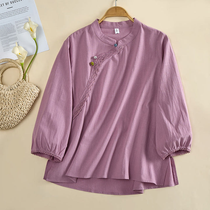 Buddha Stones 無地クルーネックフロッグボタン長袖レディースコットンシャツ - image 8