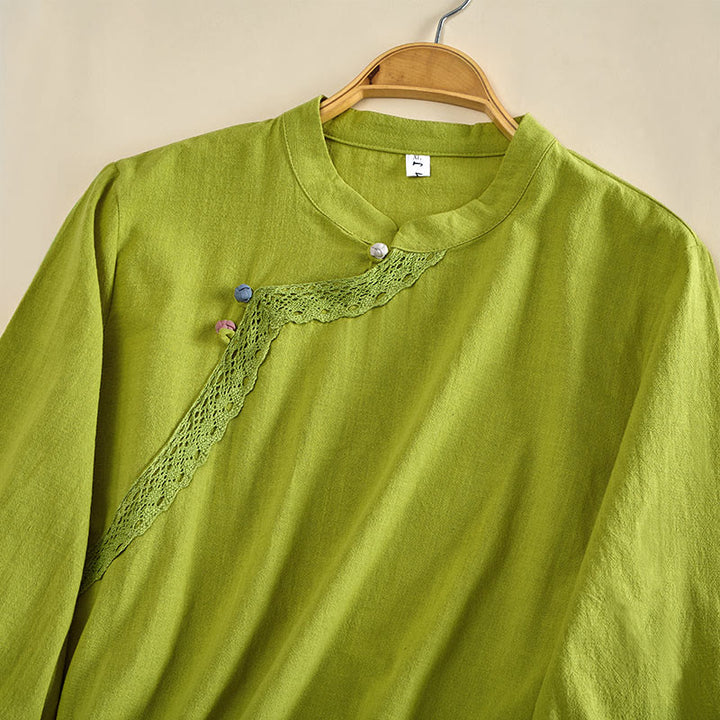 Buddha Stones 無地クルーネックフロッグボタン長袖レディースコットンシャツ - image 2