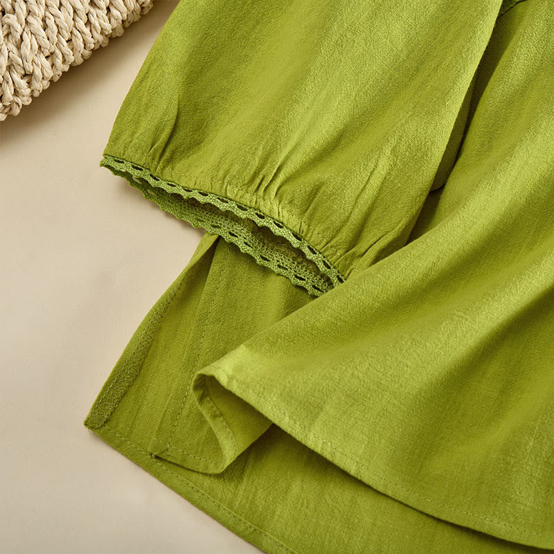 Buddha Stones 無地クルーネックフロッグボタン長袖レディースコットンシャツ - image 4