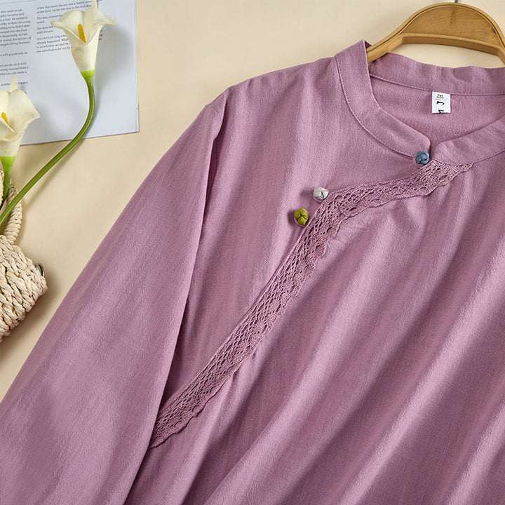 Buddha Stones 無地クルーネックフロッグボタン長袖レディースコットンシャツ - image 11