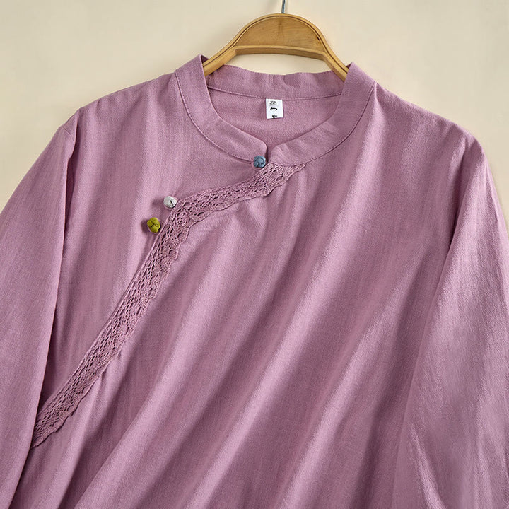 Buddha Stones 無地クルーネックフロッグボタン長袖レディースコットンシャツ - image 10