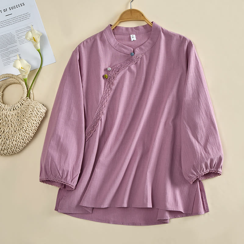 Buddha Stones 無地クルーネックフロッグボタン長袖レディースコットンシャツ - 蘭 - US8-10，UK/AU12-14，EU40-42 (2XL) - image 7