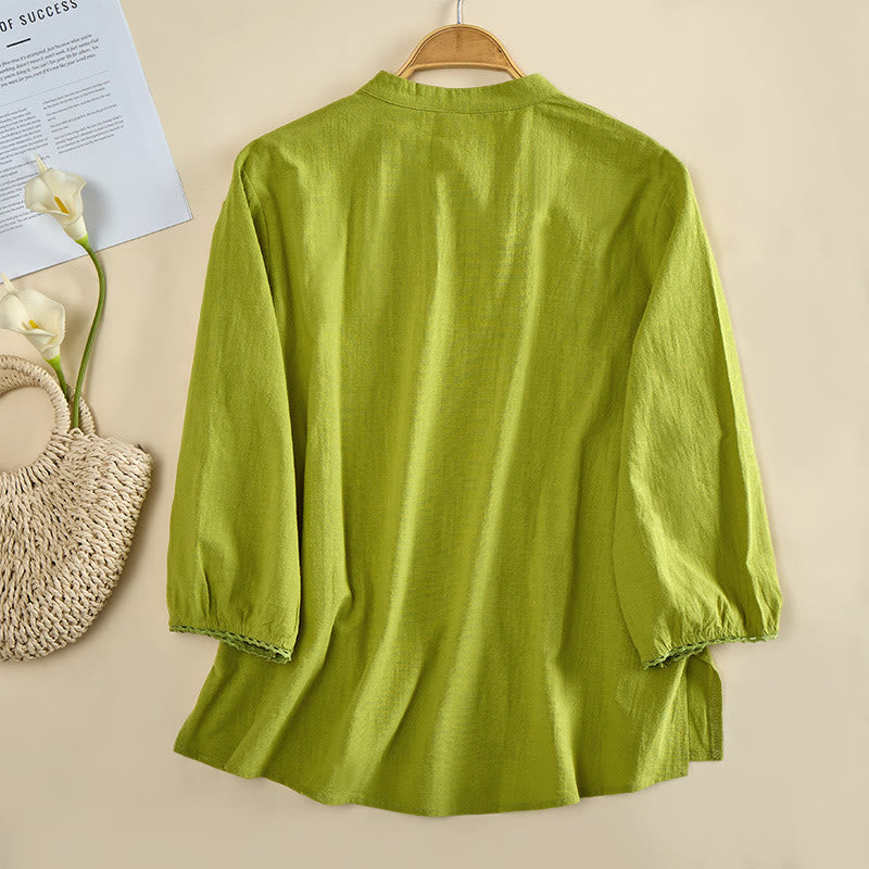 Buddha Stones 無地クルーネックフロッグボタン長袖レディースコットンシャツ - image 1