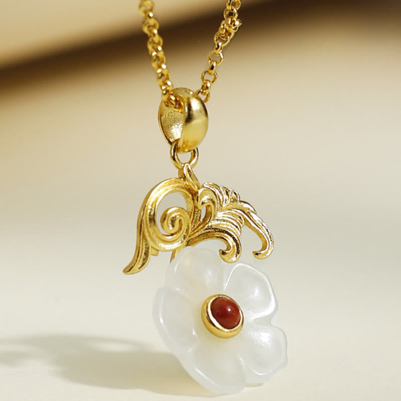 Buddha Stones 和田翡翠の花 925スターリングシルバー 幸運のネックレスペンダント - image 1