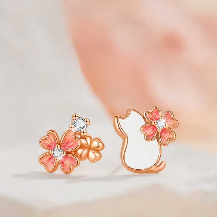 Buddha Stones 925スターリングシルバー 猫の花の良縁祈願のイヤリング ブレスレット ネックレス ペンダント - 925スターリングシルバーの猫のピアス（925スターリングシルバーのポスト） - image 13