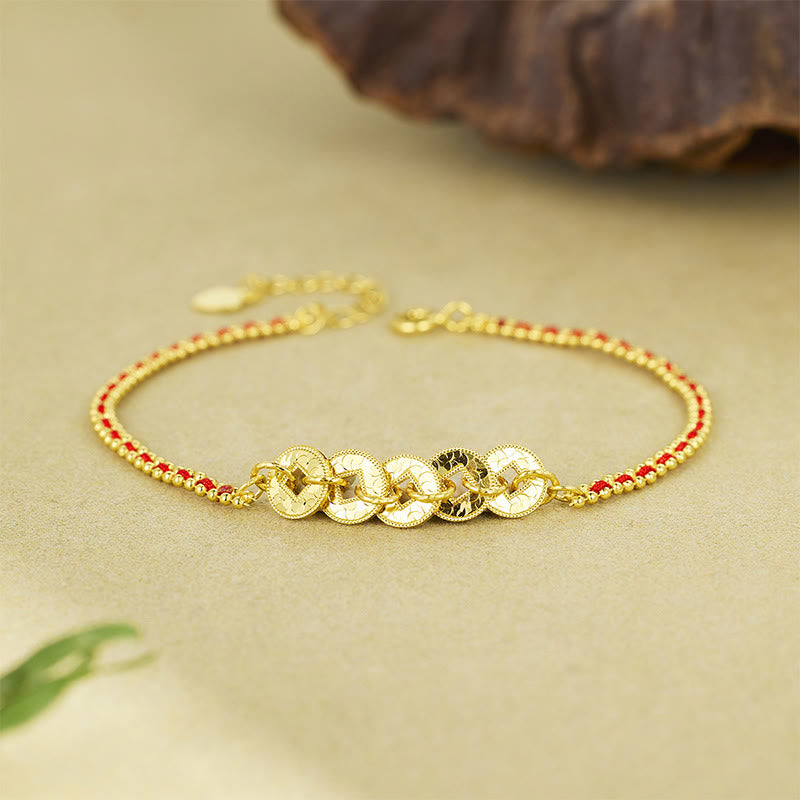 Buddha Stones 925スターリングシルバー五帝コイン赤紐バランスブレスレット - image 1