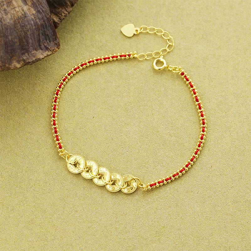 Buddha Stones 925スターリングシルバー五帝コイン赤紐バランスブレスレット - 925スターリングシルバー（手首周り：14～18cm） - image 0