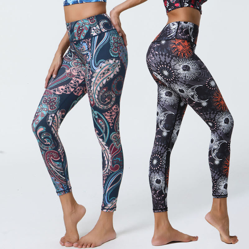 Buddha Stones、花、羽、太陽、月柄のスポーツフィットネスヨガ用ハイウエストレギンス（レディースパンツ） - image 0