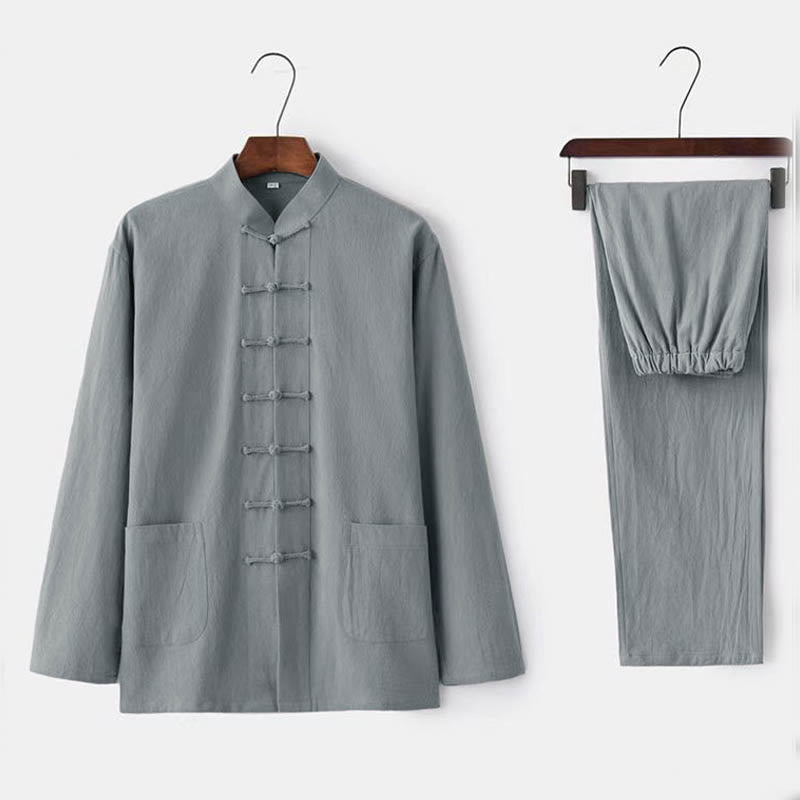 Buddha Stones 2点セット 唐装 伝統 カエルボタン ユニフォーム 長袖 シャツ パンツ メンズ セット - ゲインズボロ - US/UK/AU44、EU54 (5XL) - image 2