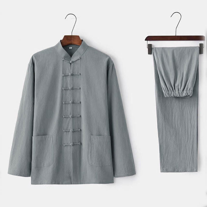 Buddha Stones 2点セット 唐装 伝統 カエルボタン ユニフォーム 長袖 シャツ パンツ メンズ セット - ゲインズボロ - US/UK/AU44、EU54 (5XL) - image 2