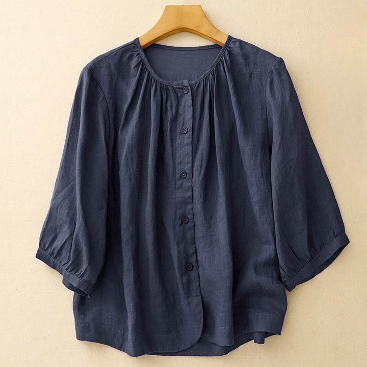 Buddha Stones無地ボタンクルーネックデザインレディースブレンド七分袖シャツ - 海軍 - US12、 UK/AU16、 EU44 (2XL) - image 0