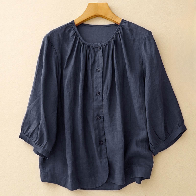 Buddha Stones無地ボタンクルーネックデザインレディースブレンド七分袖シャツ - 海軍 - US12、 UK/AU16、 EU44 (2XL) - image 0